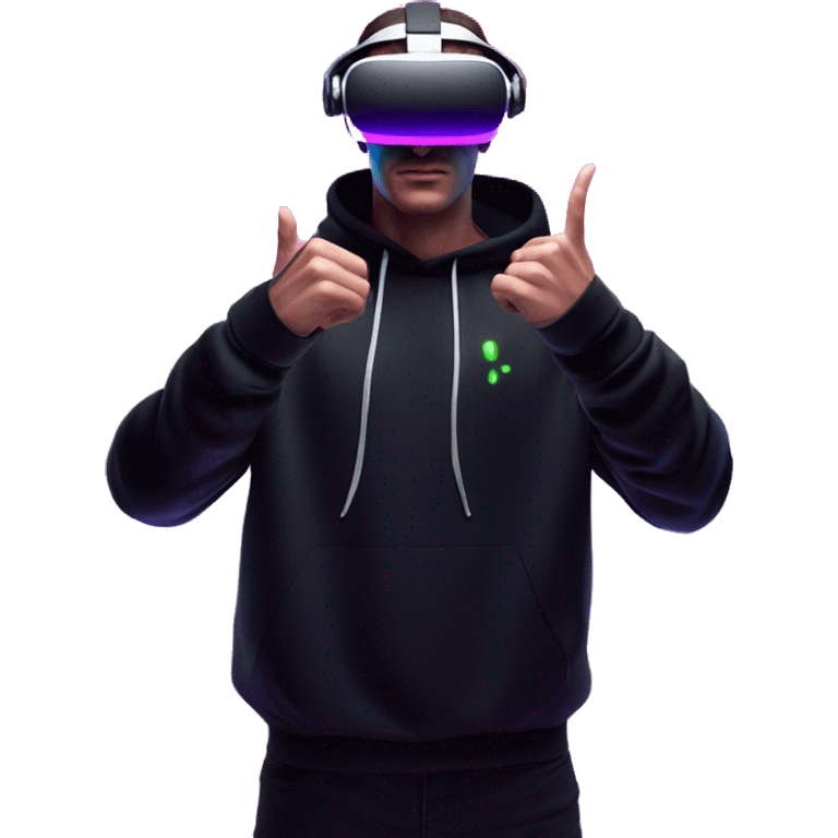 Russian man wearing a black hoodie with "OMG" letters on it and VR headset oculus quest 2 in a cyberpunk VR environment with violet neon lighting. Showing direction with hand emoji