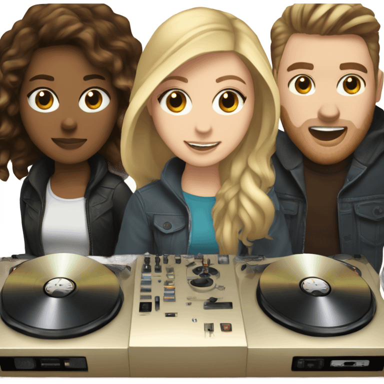 3 people: a white girl with dark hair, a brown girl, and a white guy behind DJ turntables together emoji