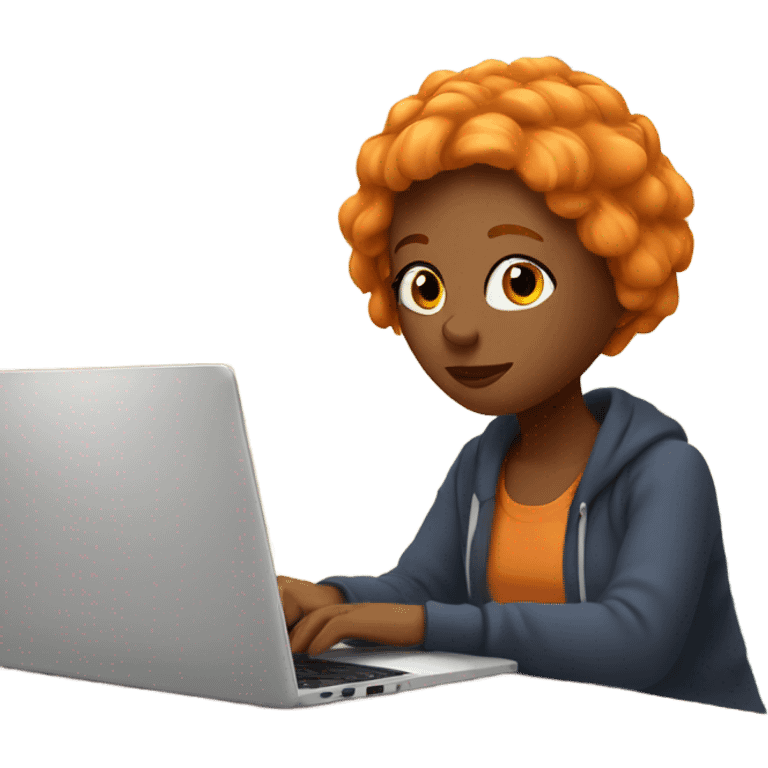 Orange haired Girl working on a laptop in cozy room emoji