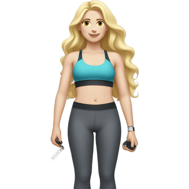 Woman, white skin, pale skin, long hair, blonde hair, wavy hair, standing, sports bra, leggings, tape measure around waste emoji