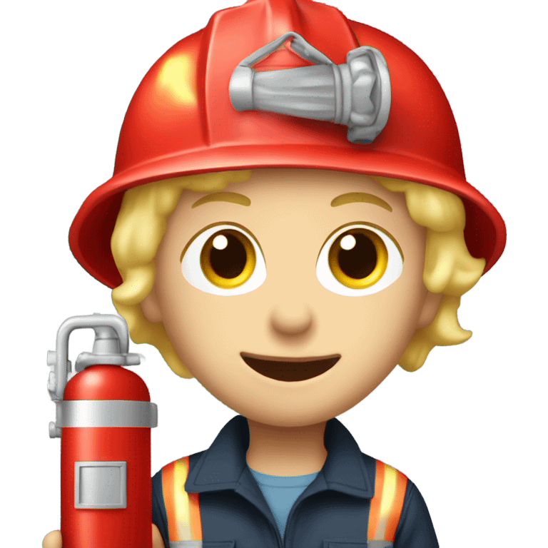 Blonde boy wearing a fire hat and playing with a firetruck emoji