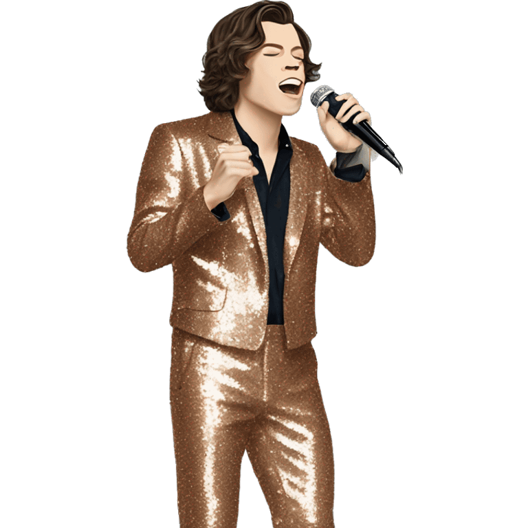 singer Harry Styles in sparkly jumpsuit holding a microphone emoji