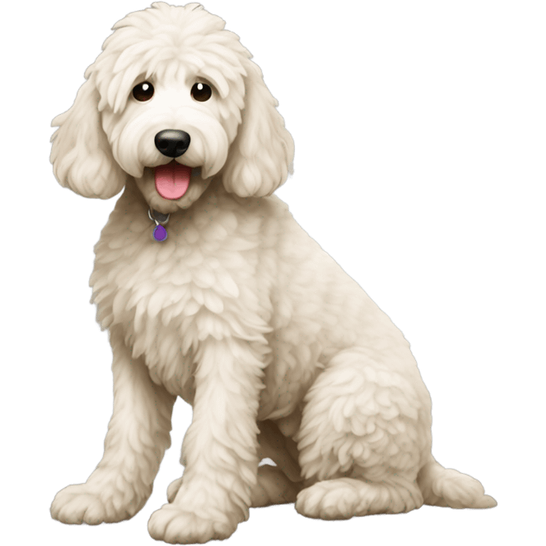 White goldendoodle squatting to poop emoji