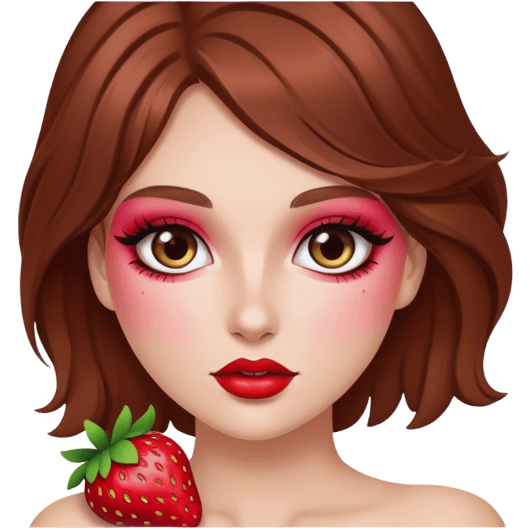 White girl with brown hair with “Strawberry” makeup style  emoji