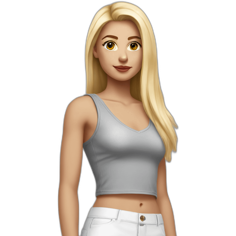 hyperrealistic caucasian blonde, long straight hair, white deep v-neck crop tanktop, gray tight mini skirt emoji