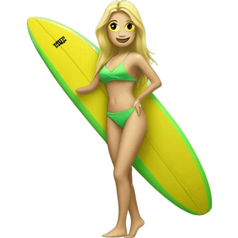 white girl in bikini surfing green yellow surf board emoji