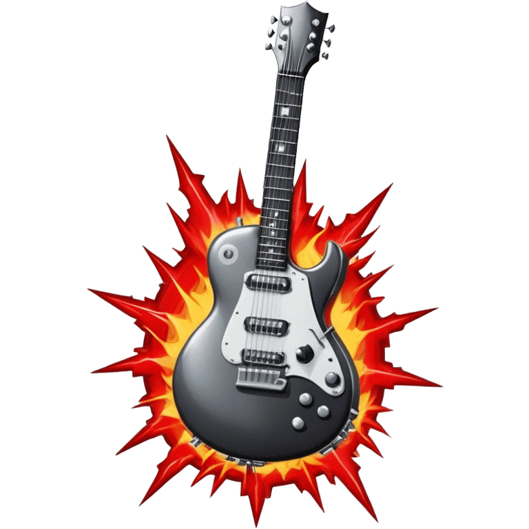 Create a bold and powerful emoji representing rock vocal performance in a humanless collage. The design should feature a vintage microphone at the center, surrounded by a heavy, aggressive hardcore electric guitar with sharp, jagged edges. Include crossed drumsticks behind the guitar, symbolizing the intense rhythm of rock music. Add fiery elements like flames or lightning bolts to enhance the raw energy of the design. Use dark, bold colors like black, red, and silver, with metallic or chrome accents to reflect the rebellious, hard-hitting nature of rock. The background should be transparent. emoji