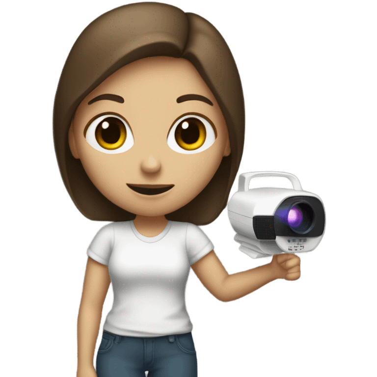 White girl with brown hair holding a projector, shaking her finger no emoji