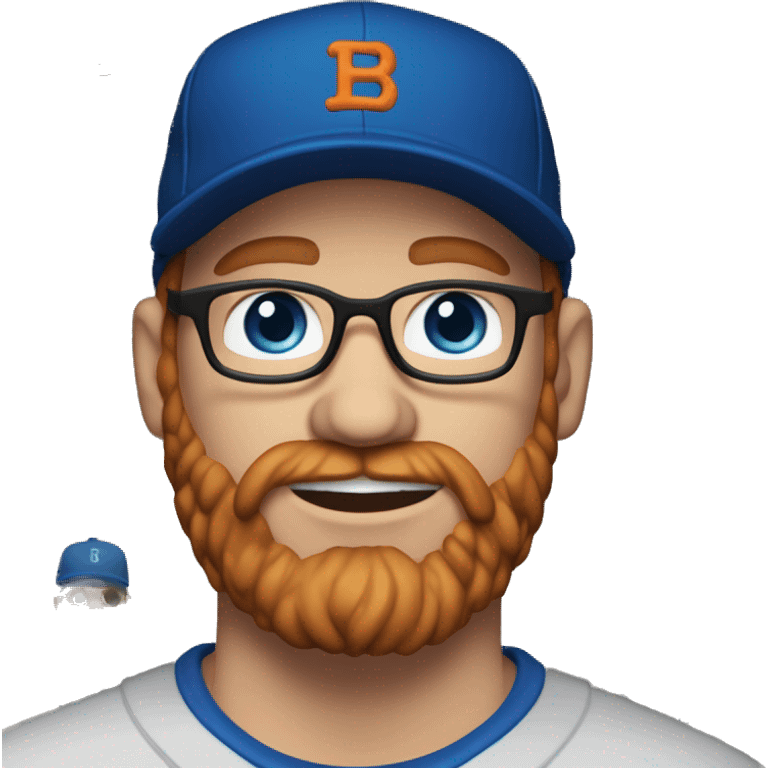 35 year old, male, short curly red hair, pale, thick beard, blue eyes, glasses, black shirt, blue baseball hat emoji