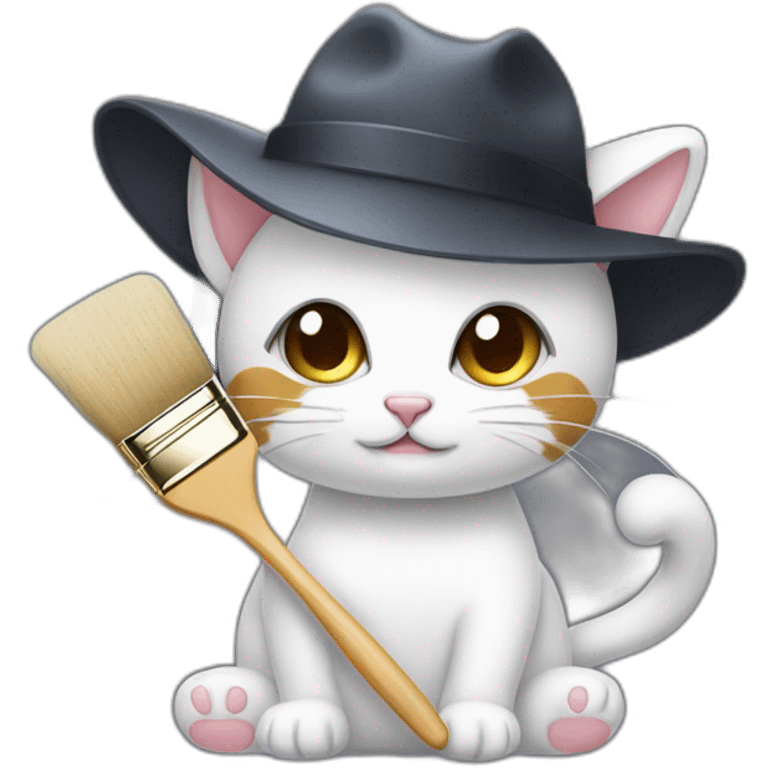 Kawaii cat artist in hat holding palette and brush so it can be used as a mouse cursor emoji