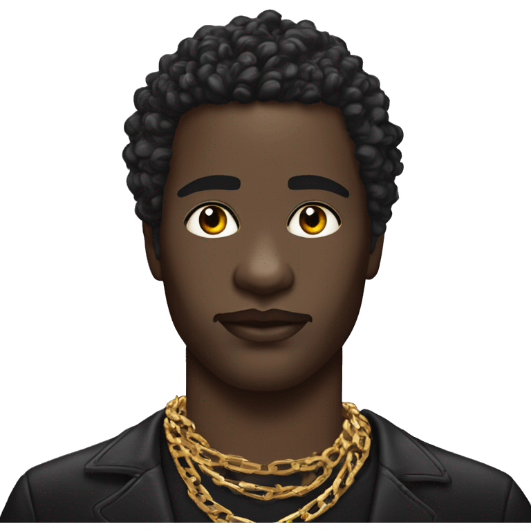 Black man with dark Makeup aroud the eyes. lipgloss on his lips. Disco hair. Perl chains around his neck. emoji