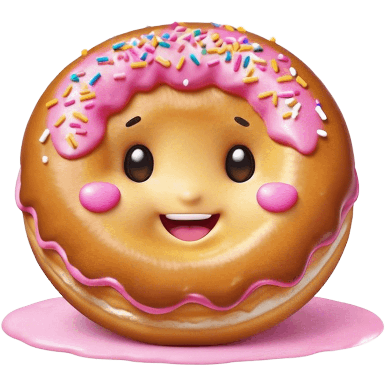 Cinematic tiny happy donut, round and fluffy, golden brown with pink icing and sprinkles, tiny adorable face with blushing cheeks, warm glowing background. emoji