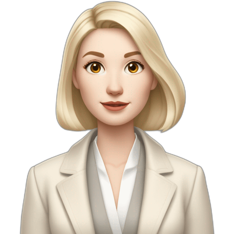 pale skin woman with ash blonde Straightened bob Hair, White Spacious classical jacket, beige palazzo Arrow pants and gray blouse holding white IPhone 14 pro in the hands emoji