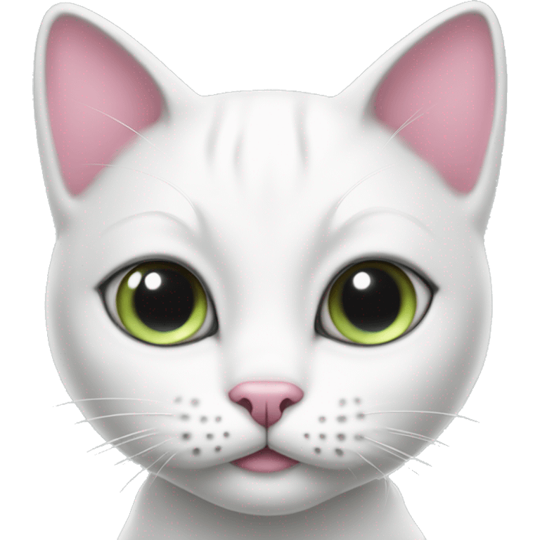 White cat with pink bow in her neck geeen eyes and black spots inside her left eye emoji