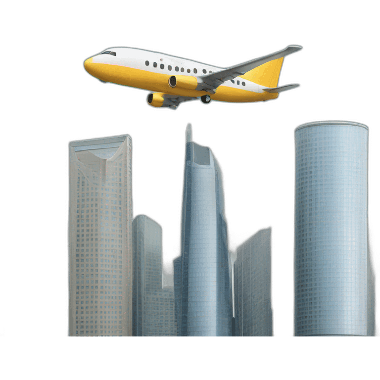 plane flying towards two tall skyscrapers emoji