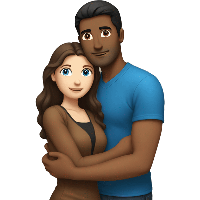 Couple embracing with arms around each other; white woman with blue eyes and brown hair, Indian man with black hair  emoji