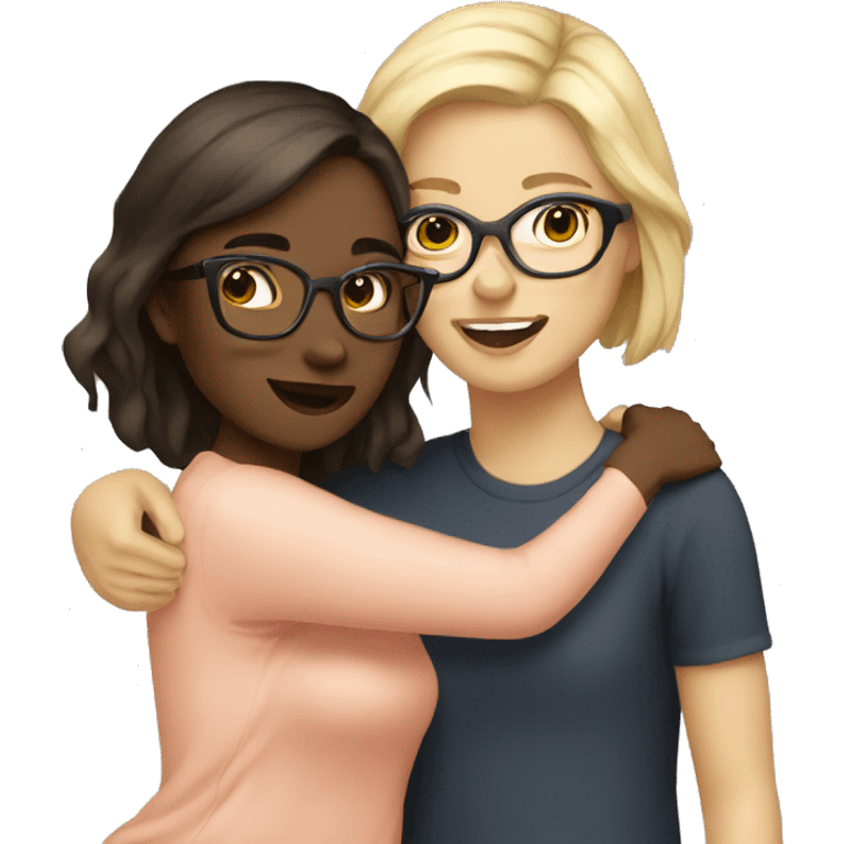 Girl with blonde hair and glases hugging a girl with dark brown hair  emoji