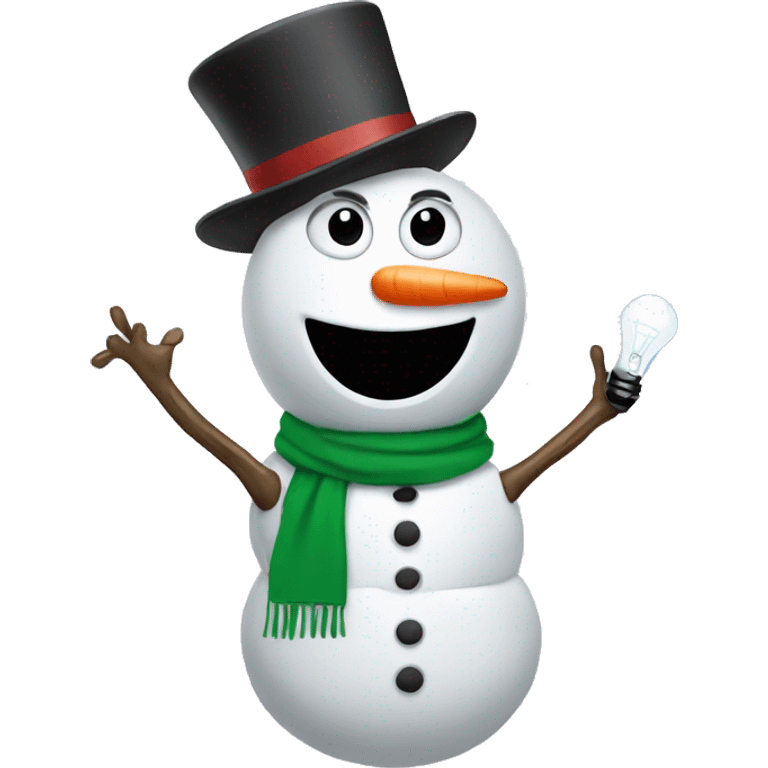 snowman  with sunglasses and vest. Stick arms with light bulb nose emoji