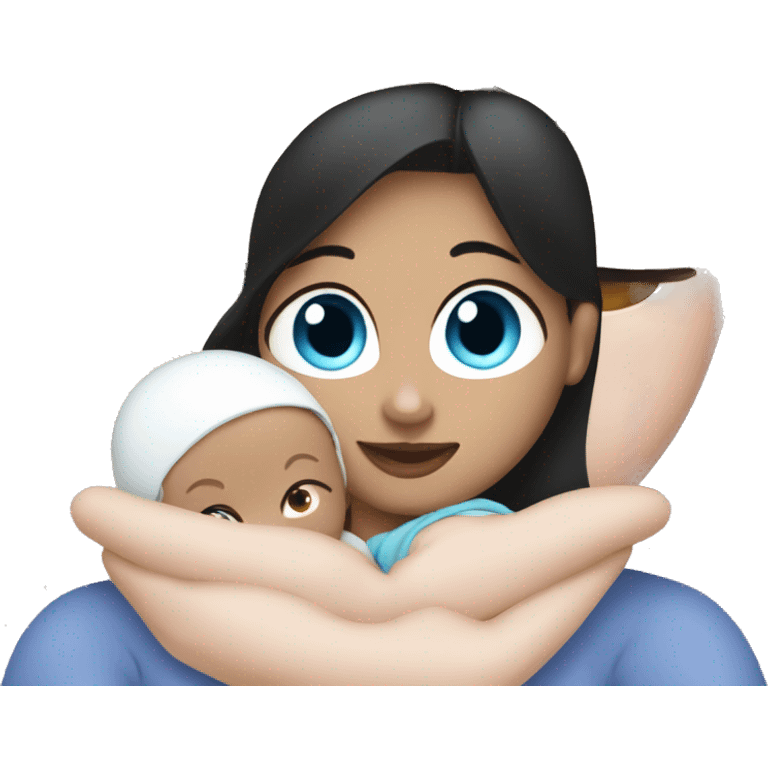 mom holding newborn baby girl with blue eyes white skin black hair emoji