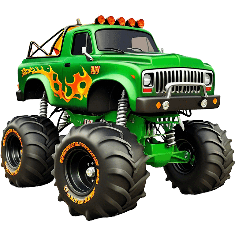 Grave Digger - Monster Jam (Model Year: 2022) (Iconic colour: Green with flames) - A legendary monster truck with a fearsome design: predominantly deep green with dynamic, vibrant flame graphics in bright orange and yellow. Highlight its rough, edgy bodywork and an aura of untamed rebellion. emoji