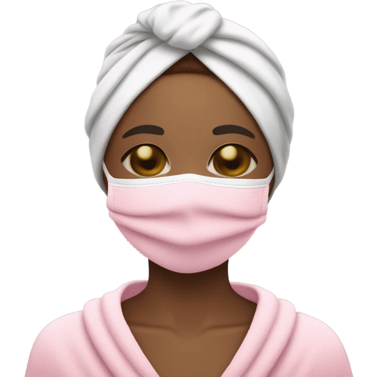 girl with a towel on her head with a pink face mask eyes closed emoji