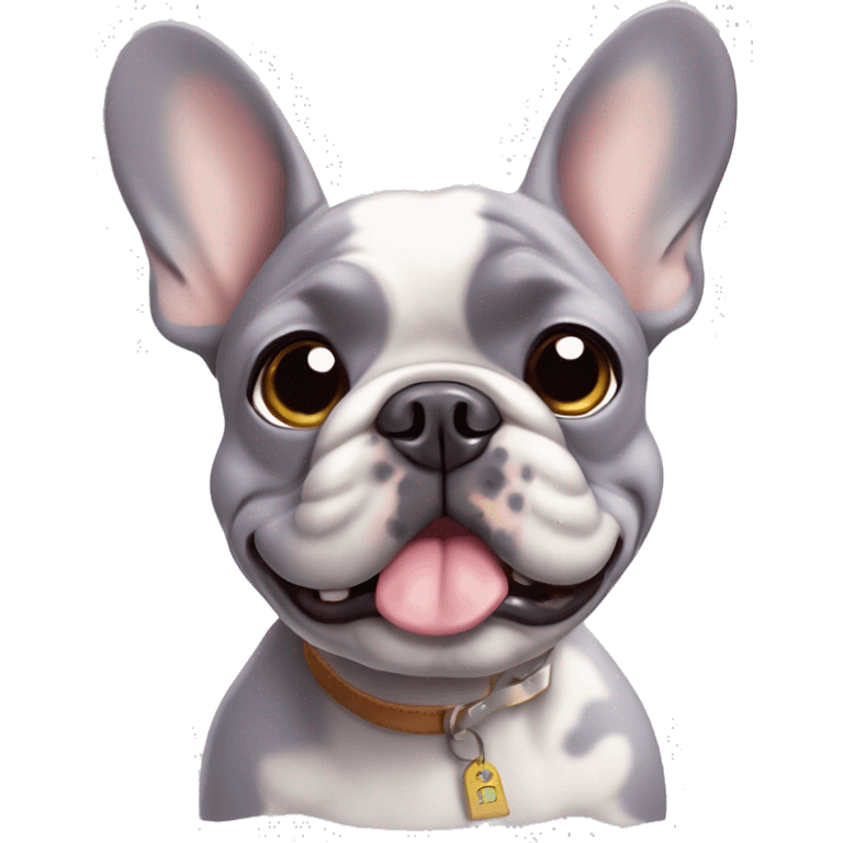 merle lilac french bulldog with name tag that says ricky  emoji