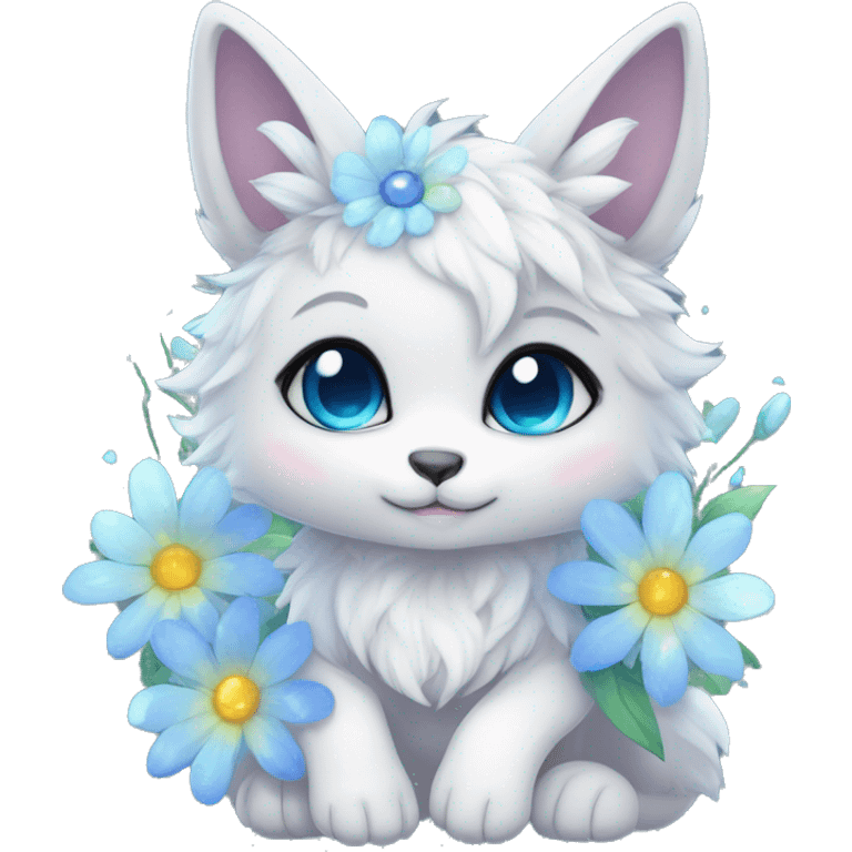 Anthro Cute Cool Kawaii gorgeous sparkly ethereal fantasy animal creature with blue eyes furry sona with flowers beautiful aesthetic emoji