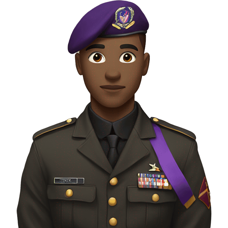 Young man, 19 years old, in black military uniform, with purple insignia. On the left of the uniform it says KDS emoji