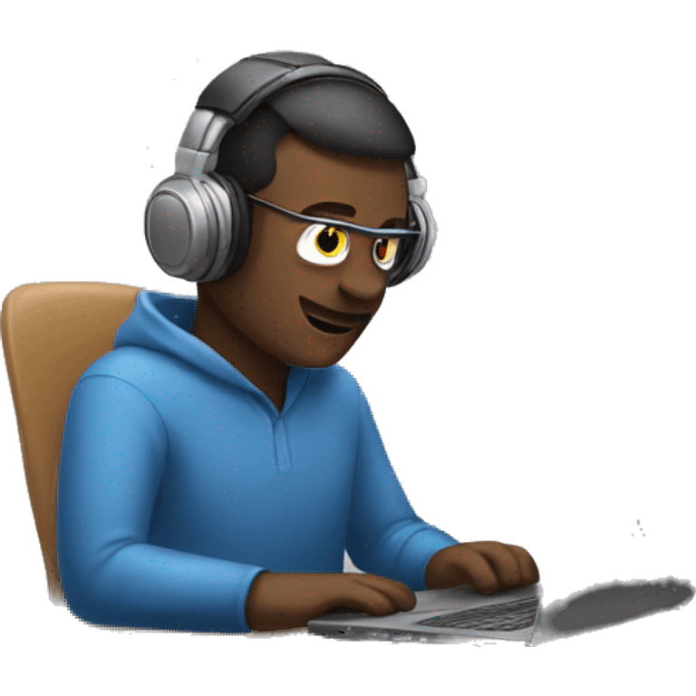 Man working on laptop Waring headphones emoji