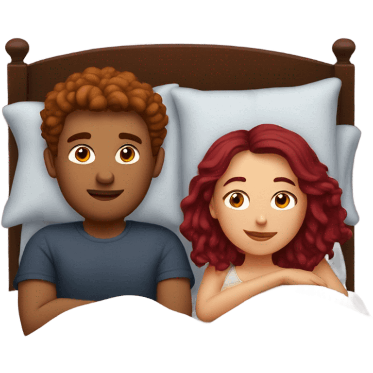 Burgundy haired girl and boyfriend cuddling in bed emoji