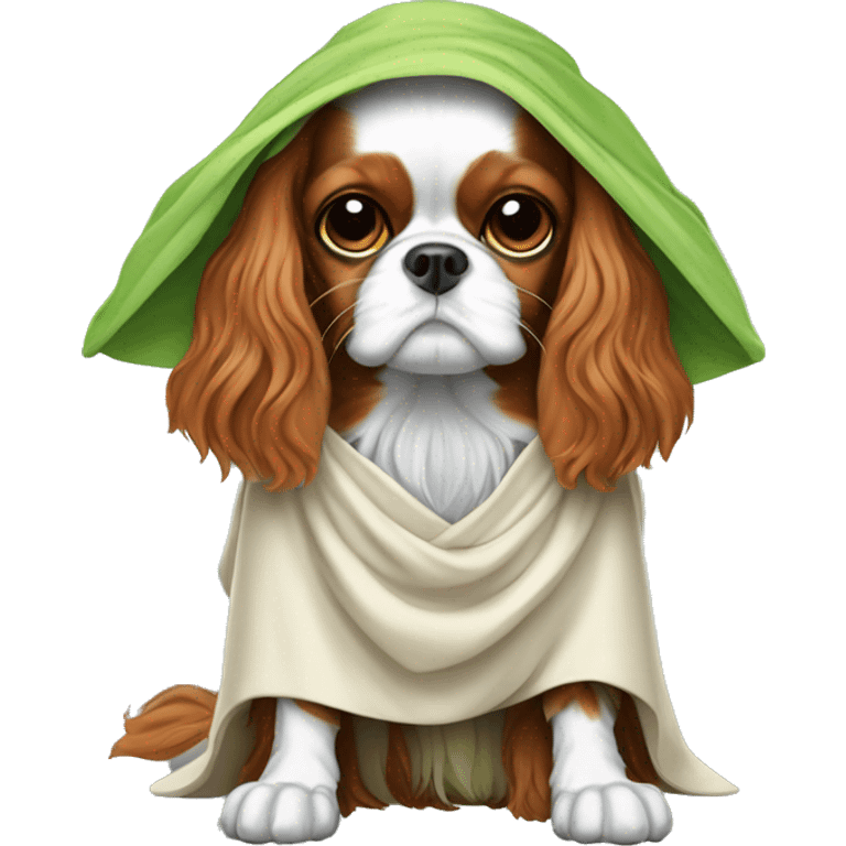 Cavalier King charles spaniel wearing a costume of Yoda Jedi  emoji