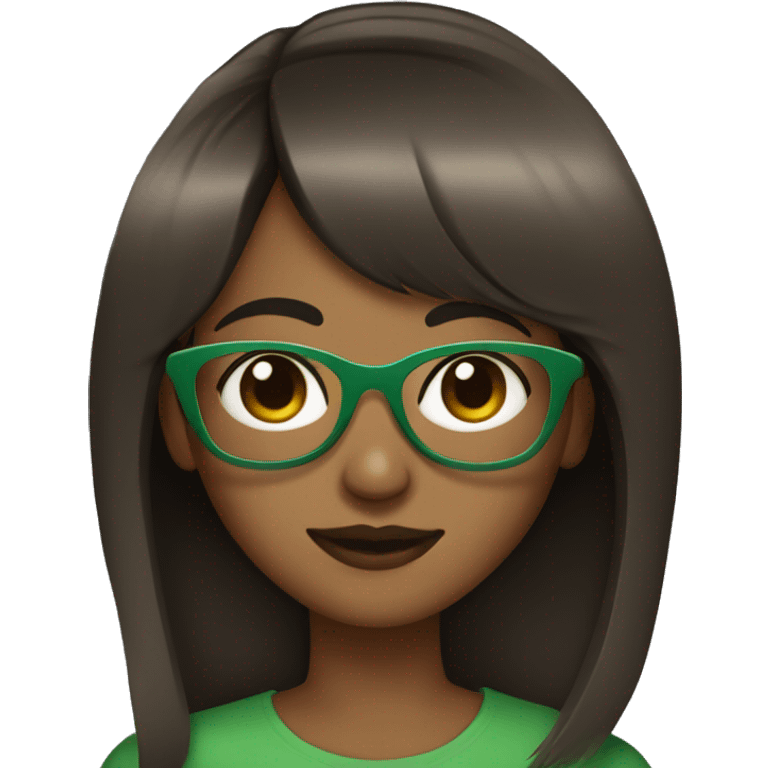 brown skin girl with straight bangs and green glasses emoji