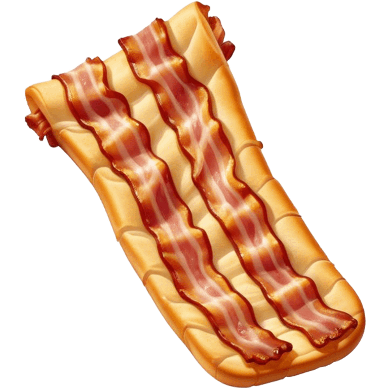 Cinematic crispy sizzling bacon, slightly curled, golden-brown with a perfect crunch, glistening with rich flavor, deep warm tones, served on a breakfast plate, comforting and indulgent. emoji