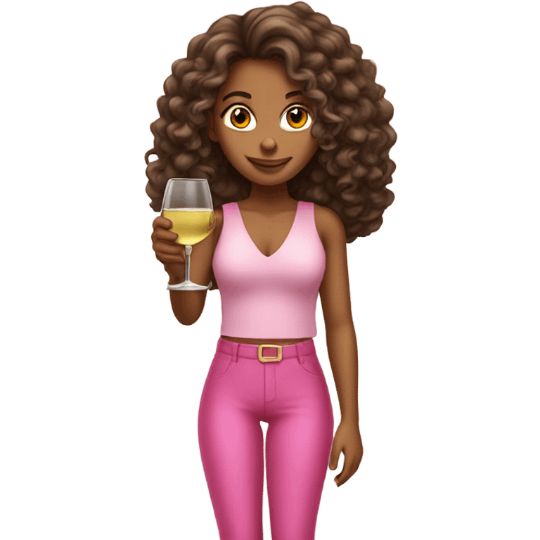 tanned girl long curly hair wearing pink holding white wine emoji