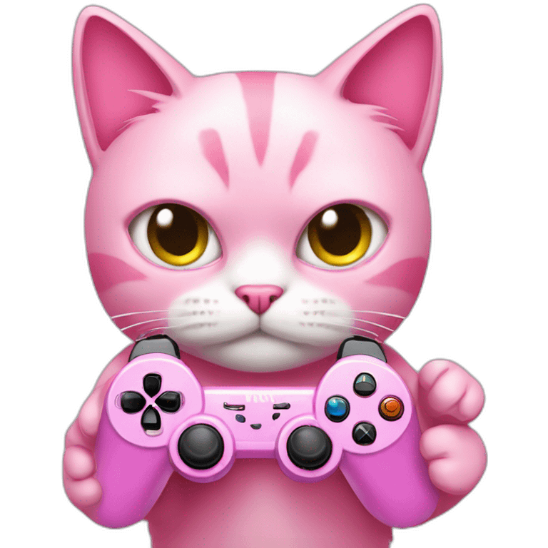 Pink cat with angry face playing with a video game controller emoji