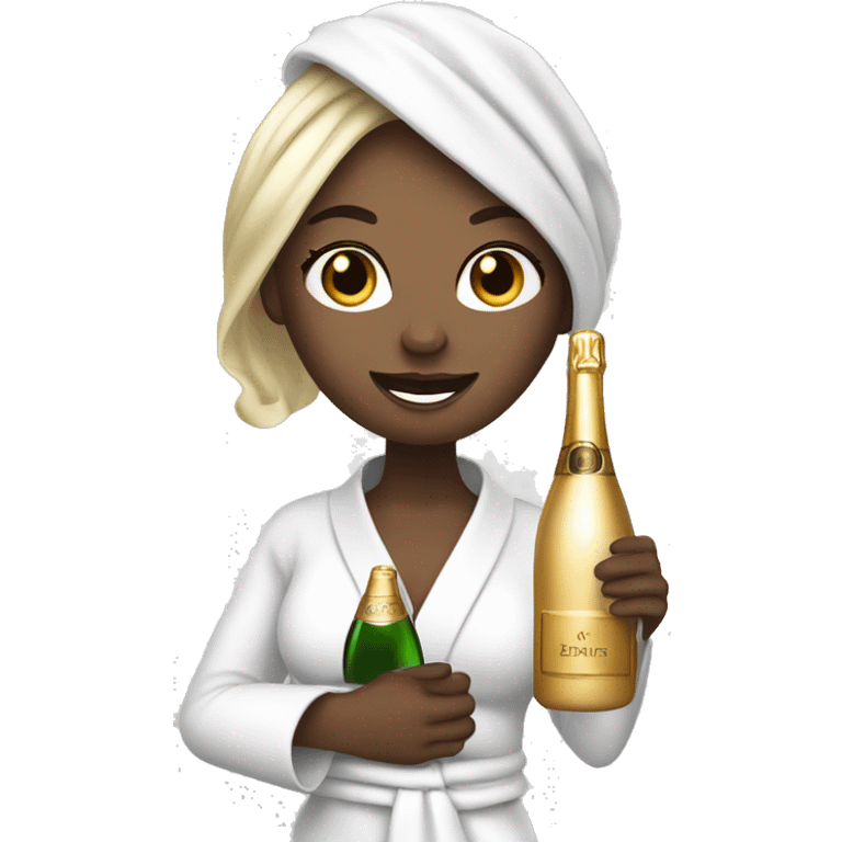 Girl with white towel wrapped around hair holding a champagne glass and bottle in black high heels  emoji