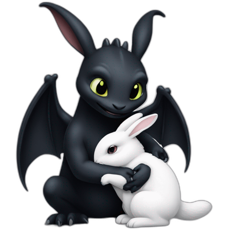 Toothless the dragon hugging a white bunny emoji