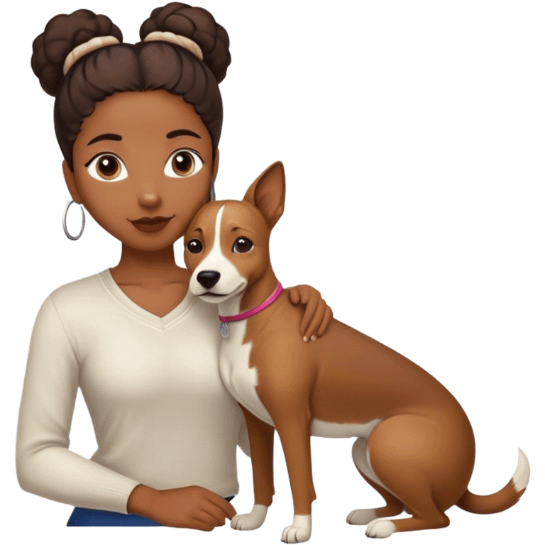 smart, 30 year old, brown African girl, back bun hairstyle, with one big white brown dog emoji