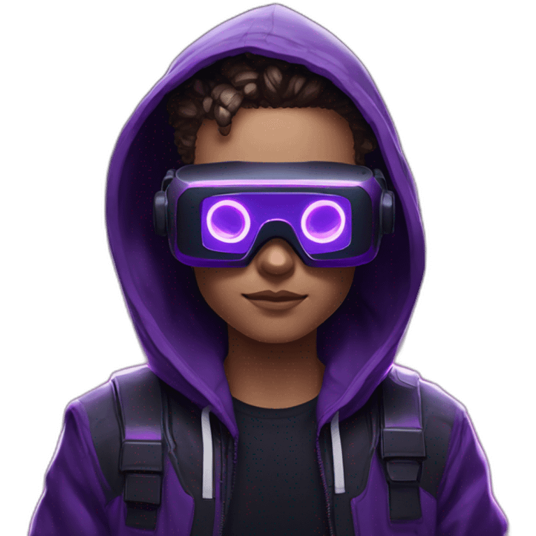 Cyberpunk style. Violet neon. boy with white-light skin in the black hoody with violet OMG VR logo on it wearing vr headset oculus quest 2 emoji