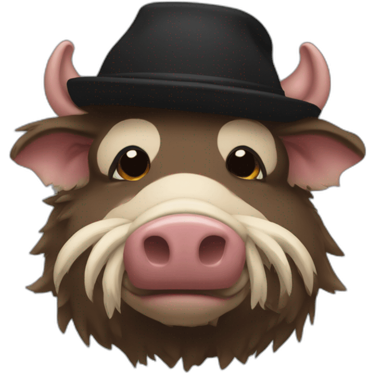 Sad brown stubble boar with tusks in black winter hat emoji