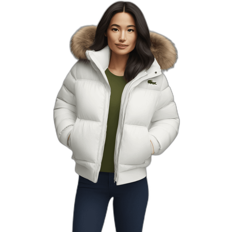 brunette latina woman using Lacoste puffer jacket emoji