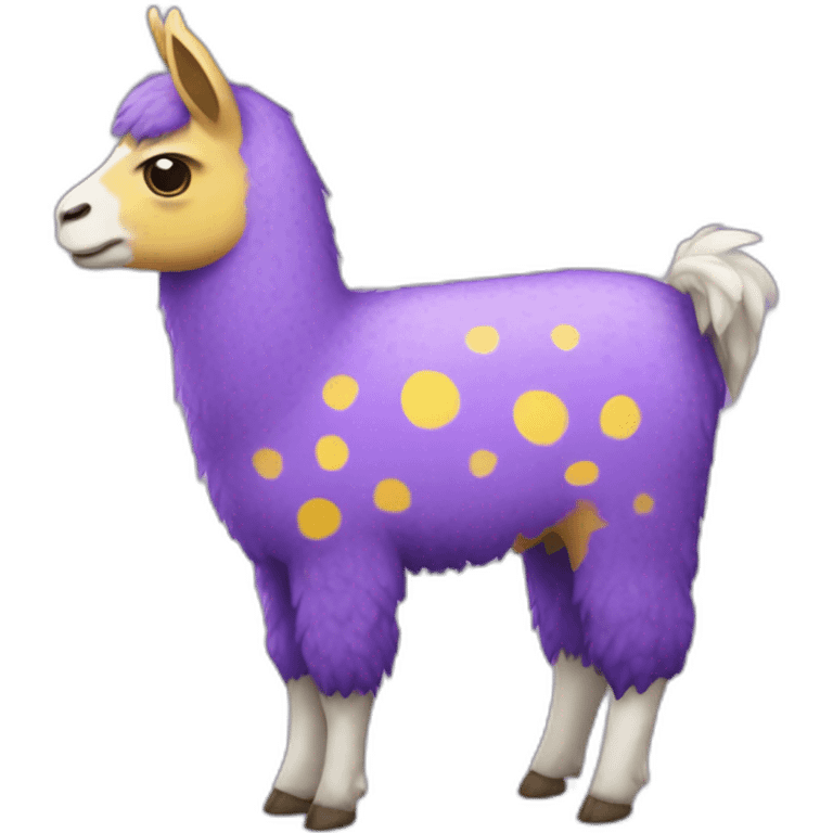 a purple llama with white spots with a yellow-blue mat on its back emoji