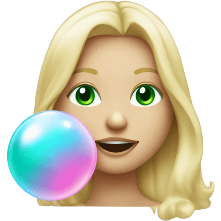 Winking blonde with straight hair and green eyes blowing bubblegum bubble emoji