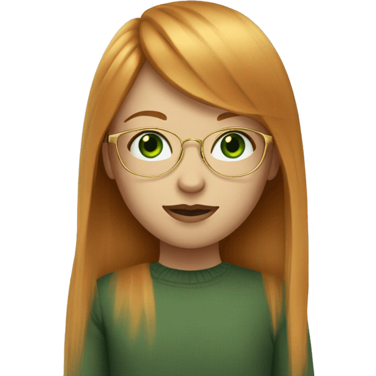 Ginger girl with straight hair, bangs, gold wire rim glasses and green eyes emoji