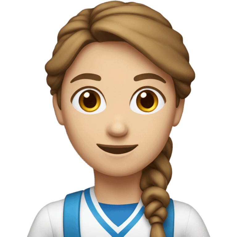 Create a female PE teacher emoji with brown hair tied up and blue eyes. She had a whistle around her neck and she is smiling  emoji