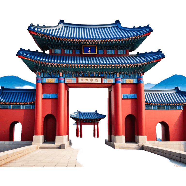 ​Cinematic Realistic Gwanghwamun Gate, depicted as a majestic historic gateway with traditional Korean architectural details, vibrant red and blue accents, and intricate carvings, set against a backdrop of modern Seoul under dynamic, natural lighting that highlights its timeless grandeur, emoji