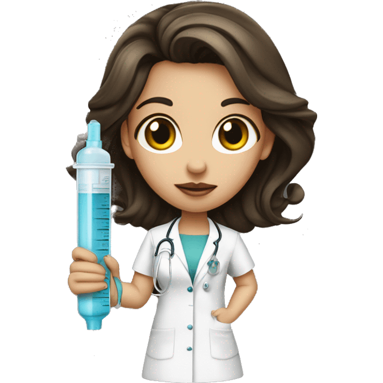 girl, brunette, big lips, in a medical gown with a medical syringe emoji