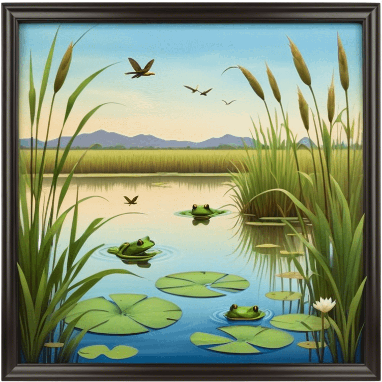 Cinematic Realistic Wetlands Emoji in a wooden frame, Peaceful and serene, with tall grasses swaying in the breeze and soft, muddy waters reflecting the sky above. Small birds and insects flit among the reeds while lily pads float lazily across the surface, punctuated by the occasional croak of a frog or splash of a fish. Soft glowing outline, capturing the essence of a calm, tranquil wetland brimming with life and natural beauty. emoji