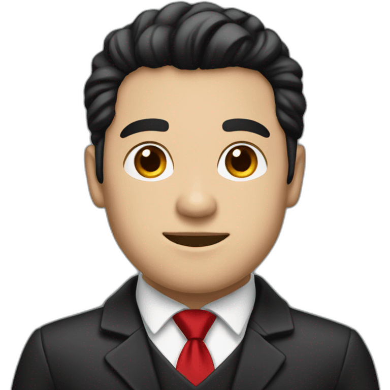 Boss, white skin, black hair, brown eyes, black jacket with red tie. happy emoji