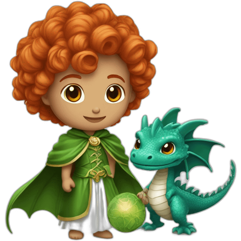 magicienne rousse avec une cape verte portant un bébé dragon blanc emoji